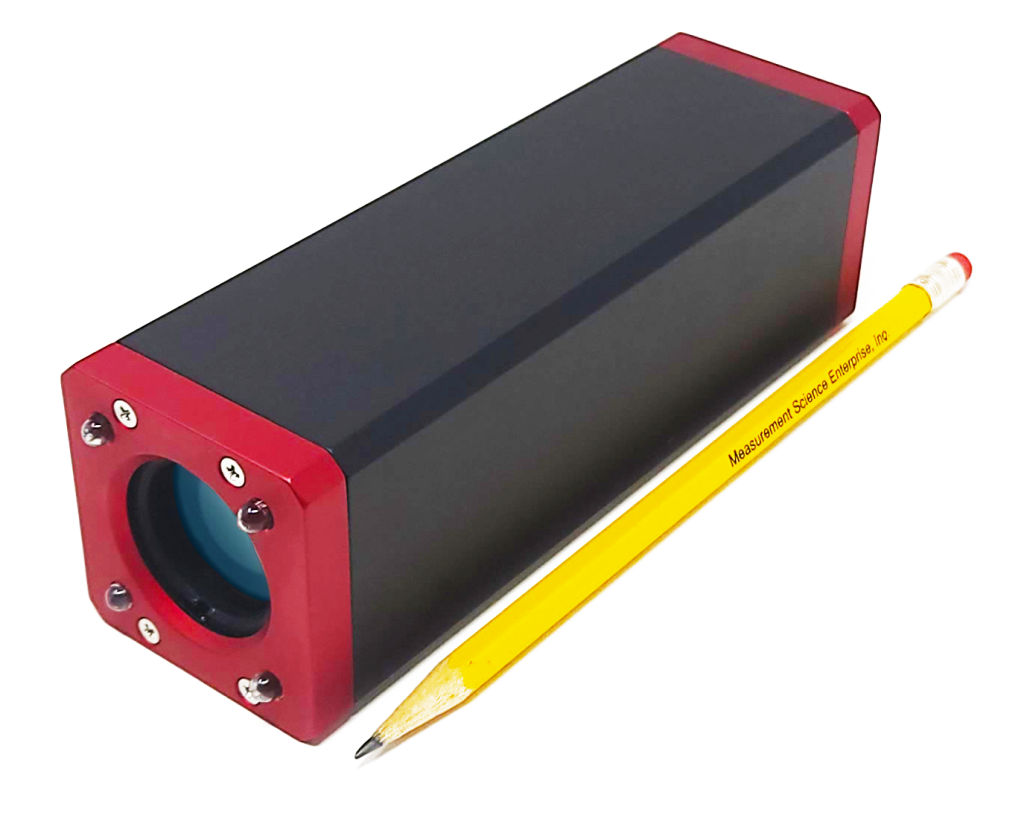 A scale comparison of the SLV Surface Length Velocimeter by MSE next to a pencil, demonstrating the compact and small size of the sensor.